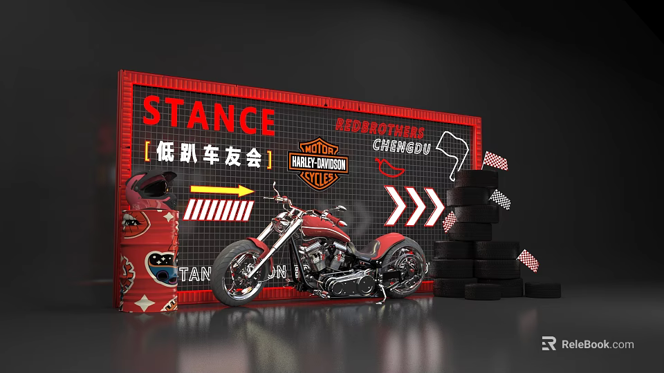 Stance Chengdu Low Rider Club With Harley Davidson Motorcycle Tire Stacks Helmet And Racing Flags 3d model 