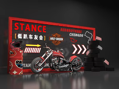 Stance Chengdu Low Rider Club With Harley Davidson Motorcycle Tire Stacks Helmet And Racing Flags 3d model