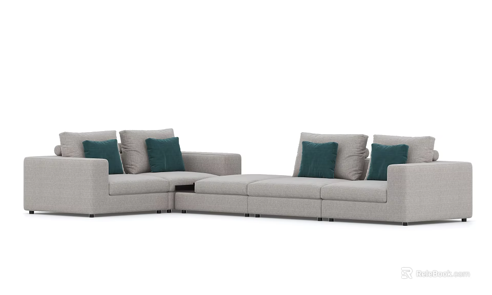 Modern Sectional Sofa With Light Gray Upholstery And Green Decorative Cushions 3d model