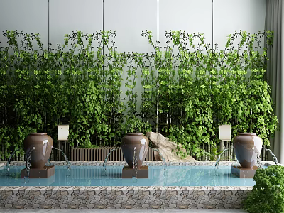 Garden Decor With Lush Green Vine Wall Terracotta Pots Water Pool And Stone Base 3d model