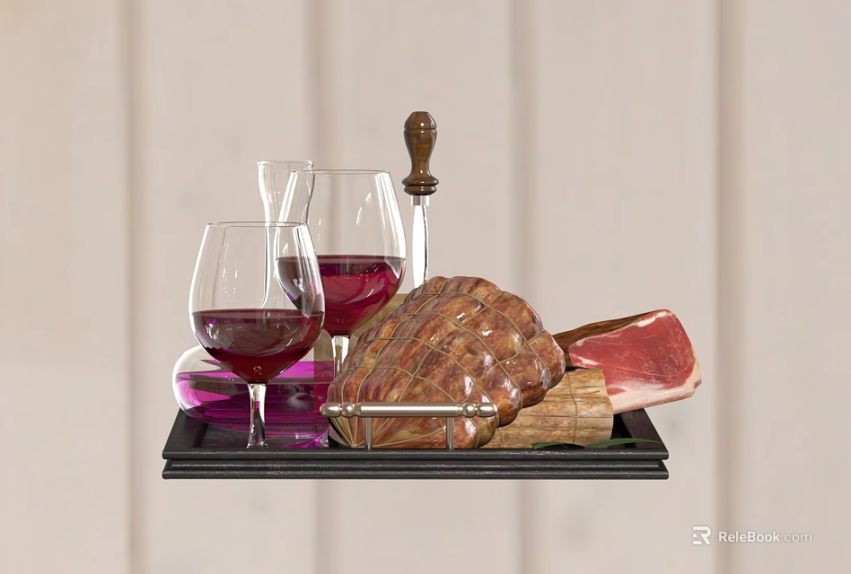 Roast Meat Platter with Red Wine Glasses Knife and Raw Meat Slices 3d model 
