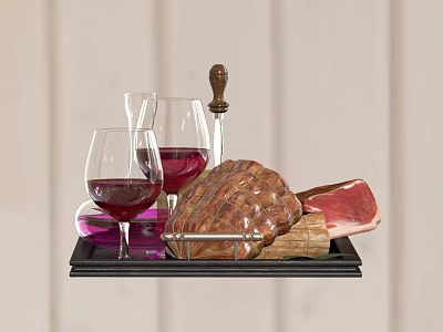 Roast Meat Platter with Red Wine Glasses Knife and Raw Meat Slices 3d model