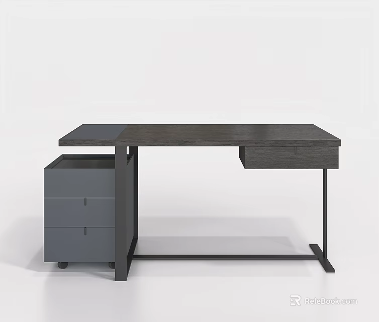 Modern Office Desk With Dark Wooden Top Metal Frame And Storage Drawers 3d model 