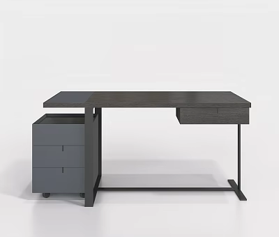 Modern Office Desk With Dark Wooden Top Metal Frame And Storage Drawers 3d model