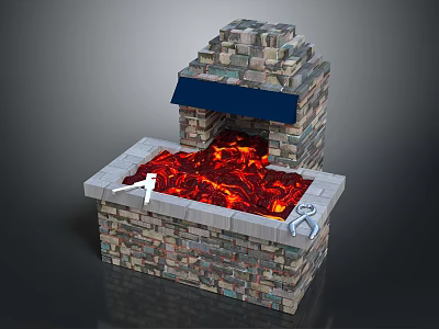 Stone Fireplace With Red Flames And Blue Top Cover On Stone Base Platform 3d model