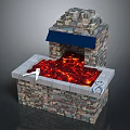Stone Fireplace With Red Flames And Blue Top Cover On Stone Base Platform 3d model