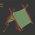 Traditional Wooden Frame Tent With Blue Canvas Cover And Support Ropes