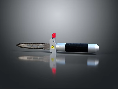 Modern Weapon Featuring Red Component Silver Body And Black Label Warning Sign 3d model