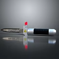 Modern Weapon Featuring Red Component Silver Body And Black Label Warning Sign