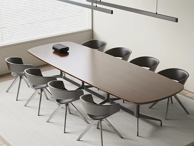 Modern Office Conference Table With Black Item And Gray Chairs Around 3d model
