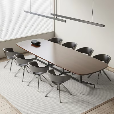 Modern Office Conference Table With Black Item And Gray Chairs Around 3d model
