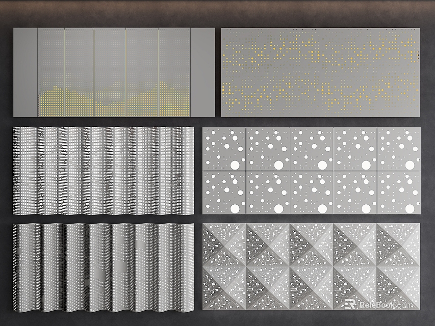 Modern Gray Wall Panels With Gold Accents Wavy Texture And Dot Patterns 3d model 