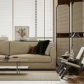 Warm Living Room Interior With Fireplace Chandelier Sofa Coffee Table And Green Plants