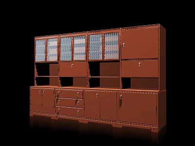 Brown Vintage Cabinet Featuring Glass Door Sections Open Shelves Drawers And Door Storage 3d model