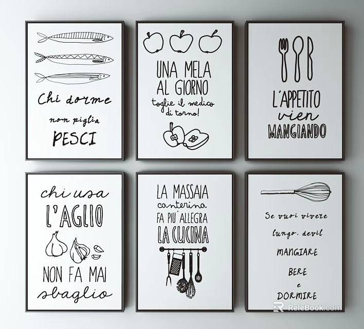 Decorative Kitchen Wall Art With Italian Cooking Quotes And Illustrations 3d model 