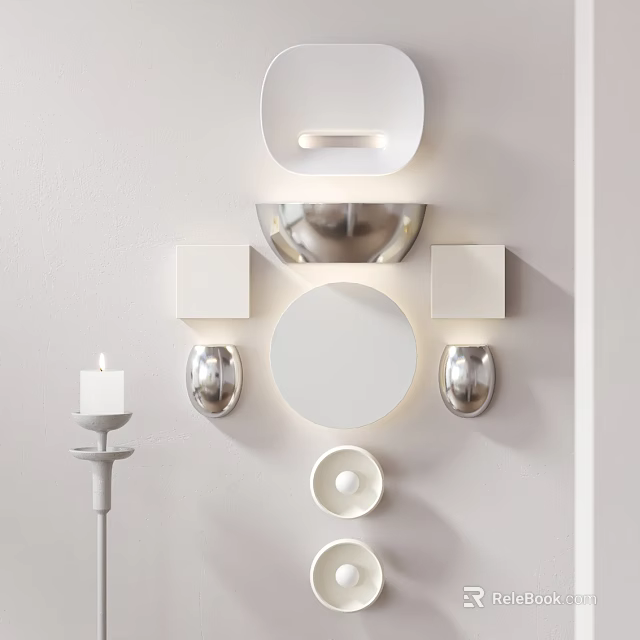 Modern Wall Sconce Design With Circular Mirror And Silver Metallic Square Blocks 3d model