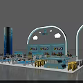 Vibrant Blue Exhibition Booth Featuring Cloud Decorations And Child Friendly Display Spaces 3d model
