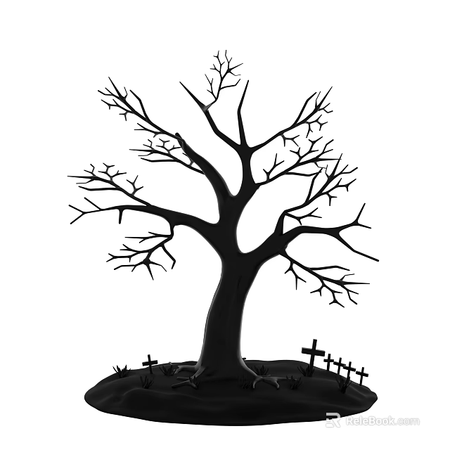 Bare Tree with No Leaves Standing in Graveyard with Small Crosses 3d model 