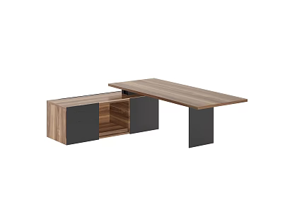 Modern Office Desk With Walnut Wood Top Black Legs And Open Storage Cabinet 3d model