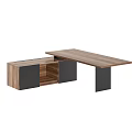 Modern Office Desk With Walnut Wood Top Black Legs And Open Storage Cabinet