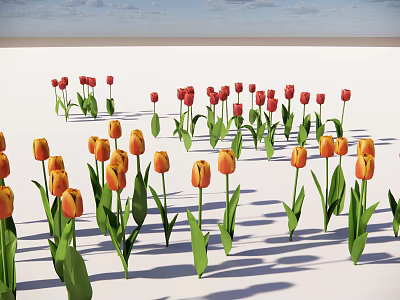 Vibrant Red Orange Tulips With Green Leaves On White Background Under Blue Sky Clouds 3d model