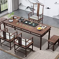 Traditional Chinese Solid Wood Tea Table Set With Matching Chairs And Stools 3d model