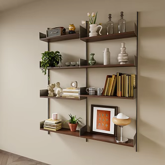 Modern Wall Storage Rack Middle Ancient Solid Wood Metal Wall Decoration Rack Book Mug Green Plant Table Lamp Ornament Combination 3d model