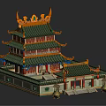 Cartoon Chinese Traditional Pagoda Scene With Green Roof Orange Decorations Curved Eaves And Stone Steps
