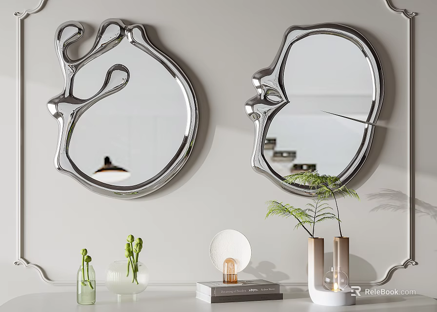 Modern Artistic Irregular Shape Mirrors With Chrome Frame And Decorative Plants In Interior 3d model