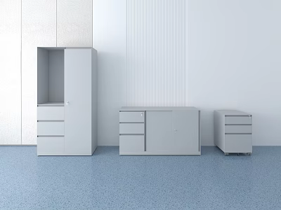 Gray Bookcases With Drawers And Doors In Modern Room With White Walls And Blue Floor 3d model