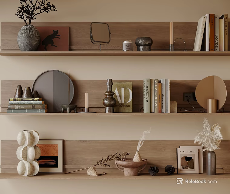 Stylish Decorative Ornaments Set On Wooden Shelves With Vase Mirror Books And Candle 3d model 