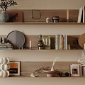 Stylish Decorative Ornaments Set On Wooden Shelves With Vase Mirror Books And Candle