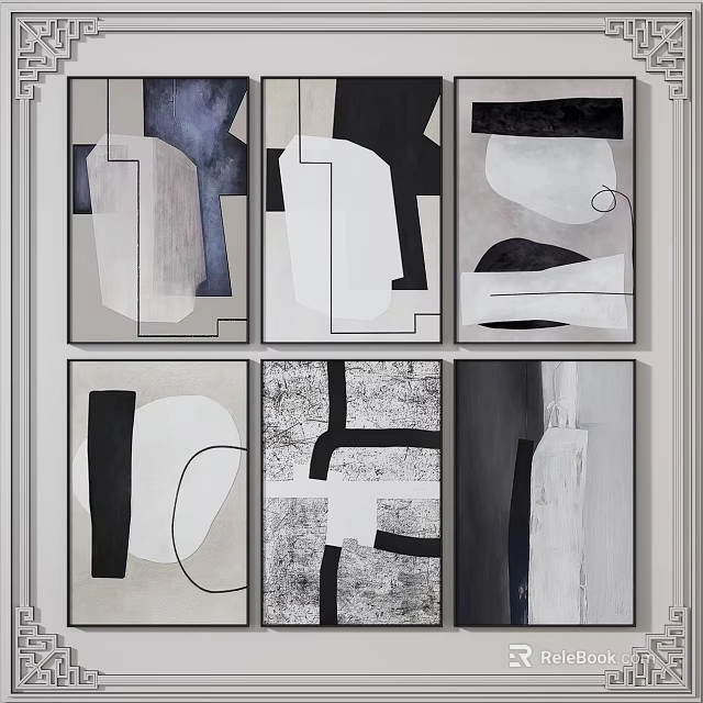 Abstract Wall Art Paintings In Black White Gray With Geometric Shapes And Lines 3d model 