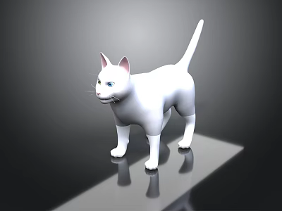 3D Model White Cat Standing On Platform With Reflection And Dark Background 3d model