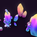 Vibrant Crystal Rocks And Wooden Elements With Tiny Pink Creatures In Dark Setting 3d model