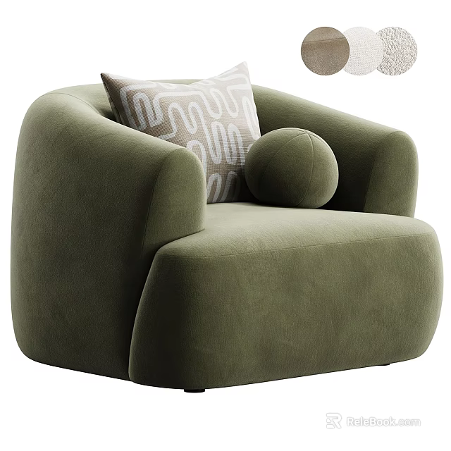 Velvet Olive Green Single Sofa With Rounded Armrests Geometric Pillow And Round Cushion 3d model 