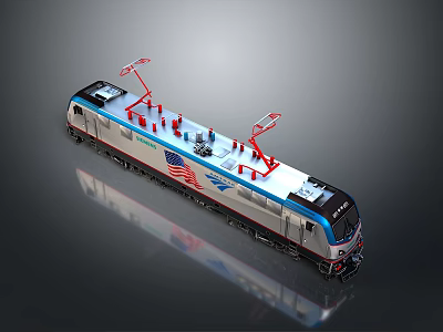 Detailed Electric Train Model With American Flag Red Pantographs And Gray Background 3d model
