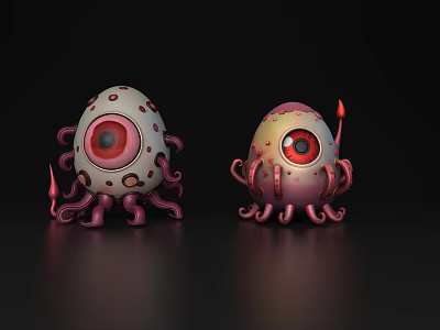 Whimsical Egg Shaped Decorative Ornament Set With Large Eyes And Pink Gray Tentacles 3d model