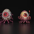 Whimsical Egg Shaped Decorative Ornament Set With Large Eyes And Pink Gray Tentacles