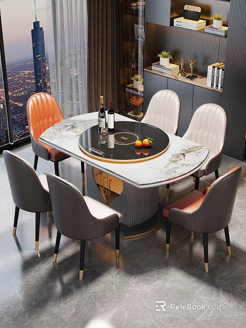 Modern Dining Table Set with Marble Tabletop Orange Pink Chairs Gold Legs and City View 3d model 