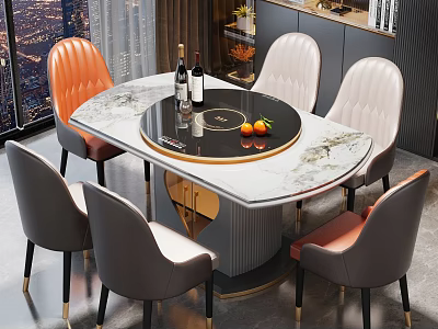 Modern Dining Table Set with Marble Tabletop Orange Pink Chairs Gold Legs and City View 3d model