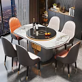 Modern Dining Table Set with Marble Tabletop Orange Pink Chairs Gold Legs and City View