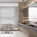 Modern Bathroom Interior Design With White Bathtub Towels Toilet Mirror And Blinds