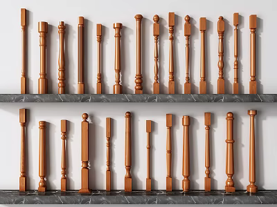 Collection Of Wooden Balusters With Different Decorative Designs On Marble Shelves 3d model