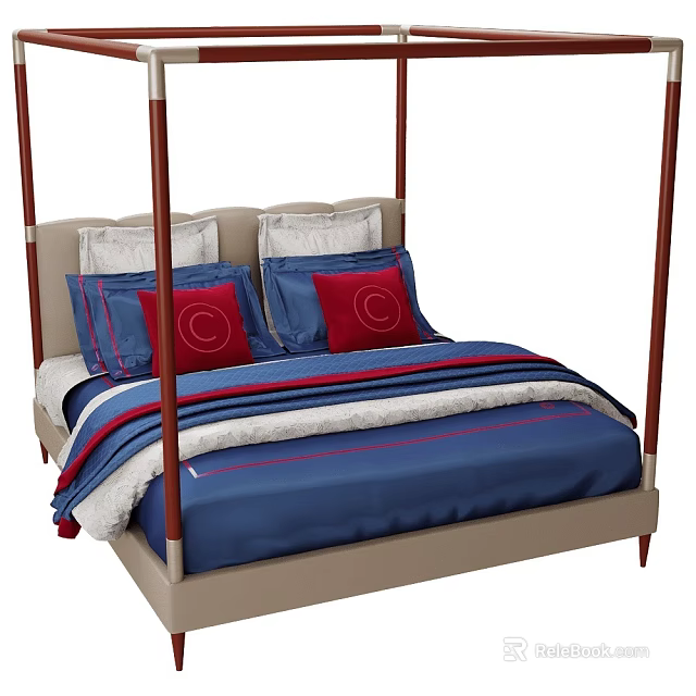 Elegant Four Poster Double Bed With Blue Bedspread Red White Stripes Beige Frame And Pillows 3d model 