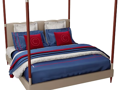 Elegant Four Poster Double Bed With Blue Bedspread Red White Stripes Beige Frame And Pillows 3d model