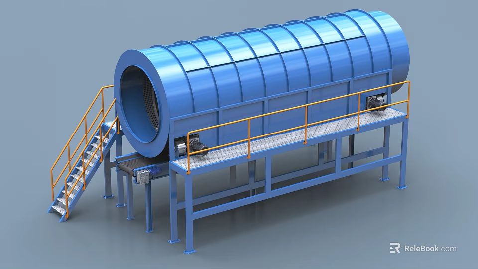 Industrial Blue Drum Equipment Featuring Yellow Guardrails Staircase And Steel Frame 3d model 