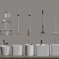 Essential Bathroom Accessories With Wall Mounted Racks Cleaning Tools And White Ceramic Sinks 3d model