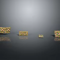 Wood And Stone Patterned Rectangular Objects Of Various Sizes On Dark Background With Reflections