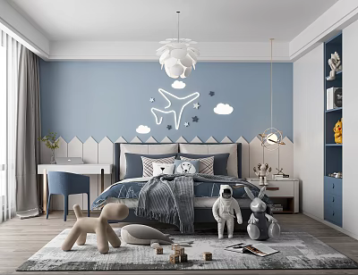 Kids Room With Blue Walls Cloud Airplane Decals Bed Desk White Pendant Light And Stuffed Toys 3d model